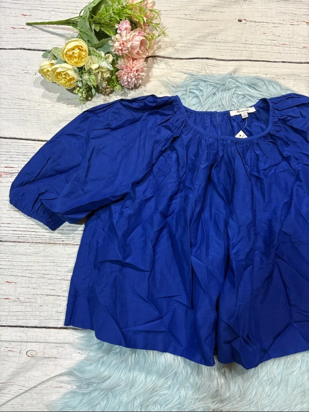 NWT Madewell Bright Blue Shirred Puff-Sleeve Cotton Silk Blend Top